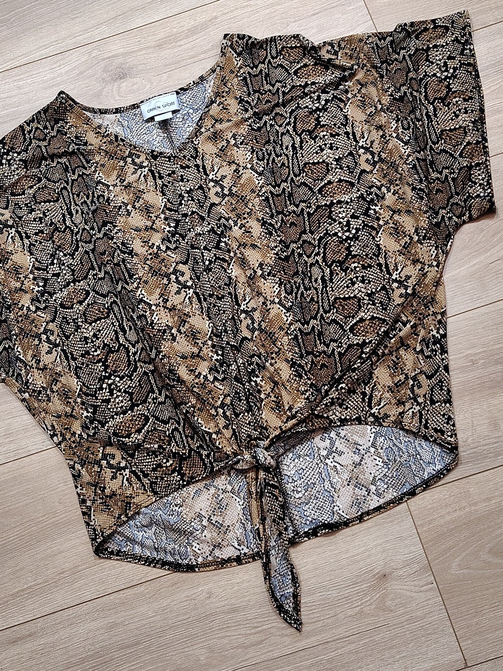 Snake Print Tie-Front Top in Brown and Black,  Plus Size 2X